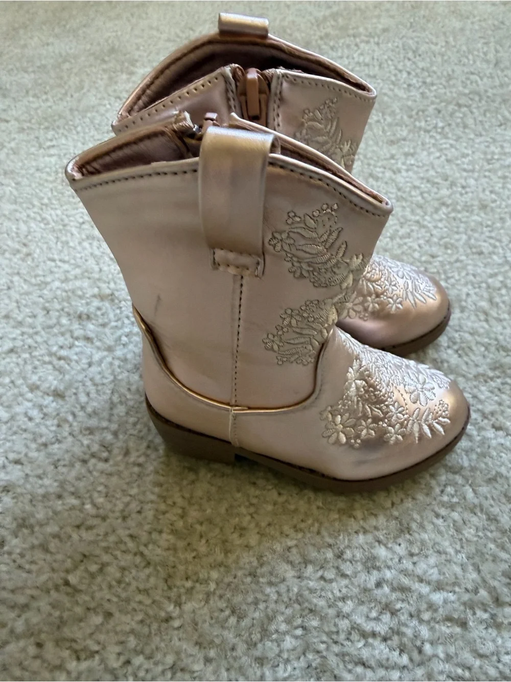 Girls Metallic Pink Floral Embroidered Western Boots with Side Zip